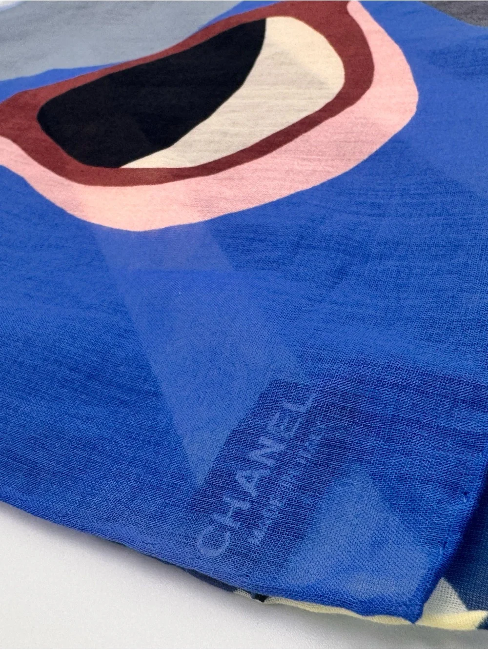 Vintage CHANEL Gabrielle Coco Chanel Silk Scarf Blue Red Graphic Print Italy